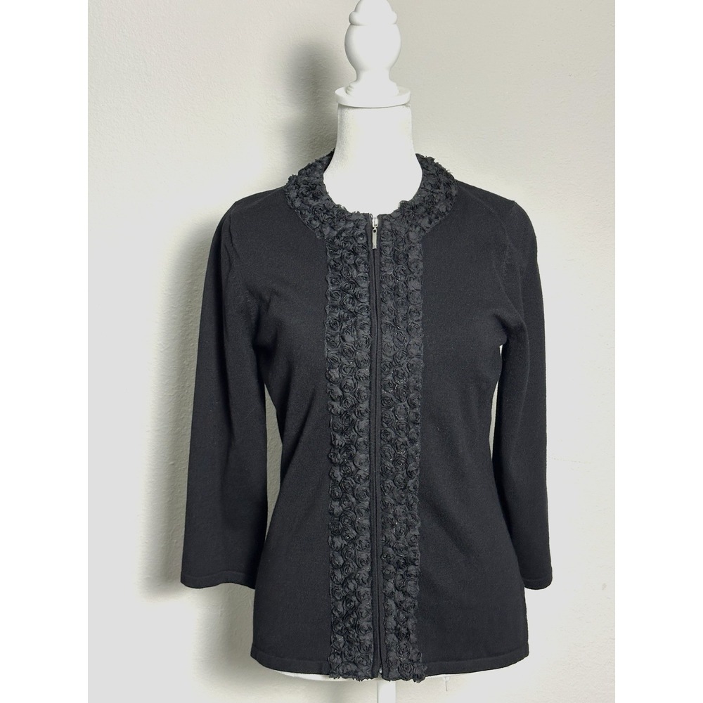 Women's Black Sweater Top Cardigan By RED Zip Front w Small Rosettes